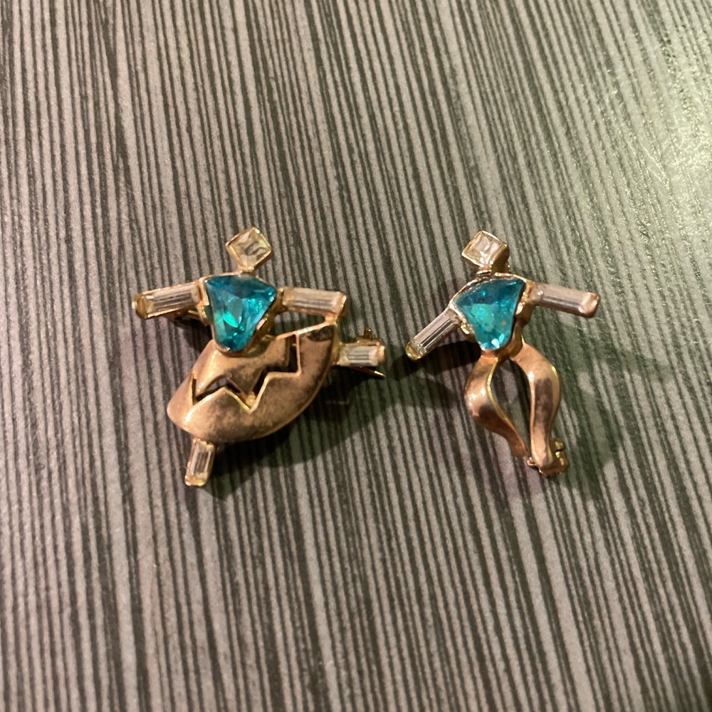 Vintage Pair gold tone dancing girl boy figure brooches w turquoise rhinestones